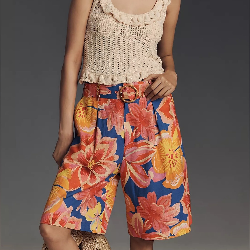 Farm Rio x Anthropologie Linen Blend Belted Floral Bermuda Shorts NWT - size S